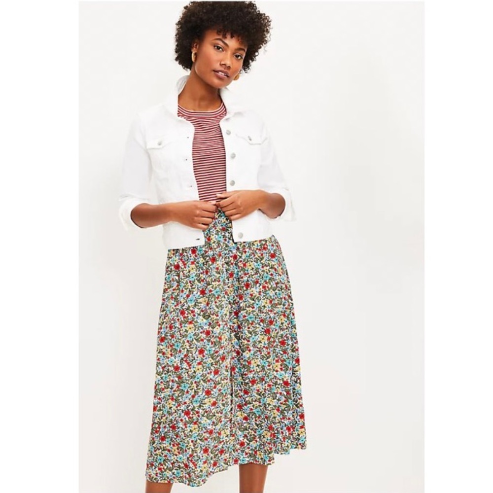 LOFT Floral Midi Skirt in Multi-Colored Print